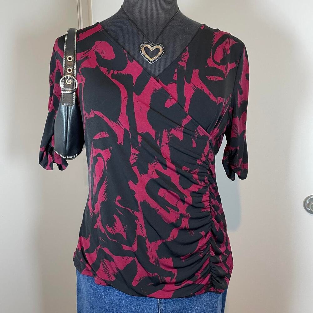 Style & Co. Abstract Going out V-neck Faux Wrap Ruching XL Top Blouse